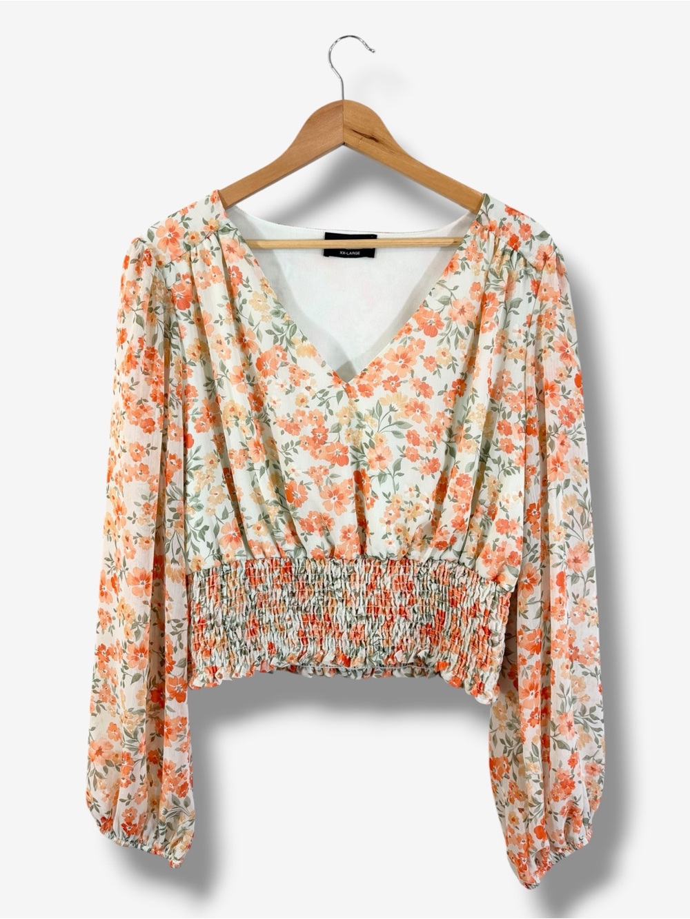 Kittenish V-Neck Blouse XXL Orange Floral Print Balloon Sheer Sleeve Smocked